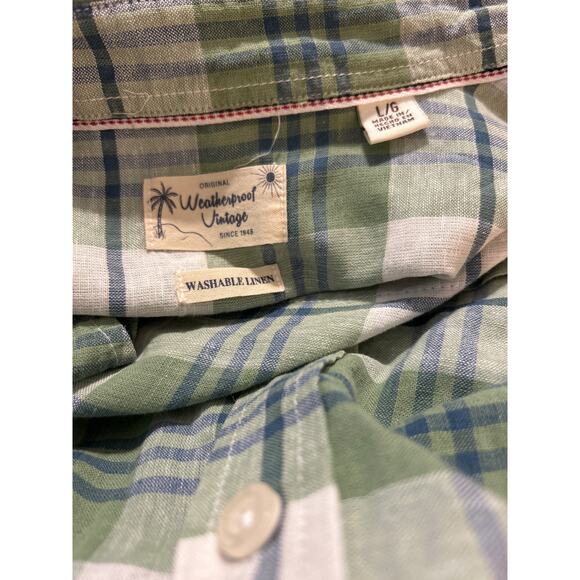 Weatherproof Vintage Men's Short Large Sleeve Shirt Washable Linen Green Plaid - Picture 8 of 8